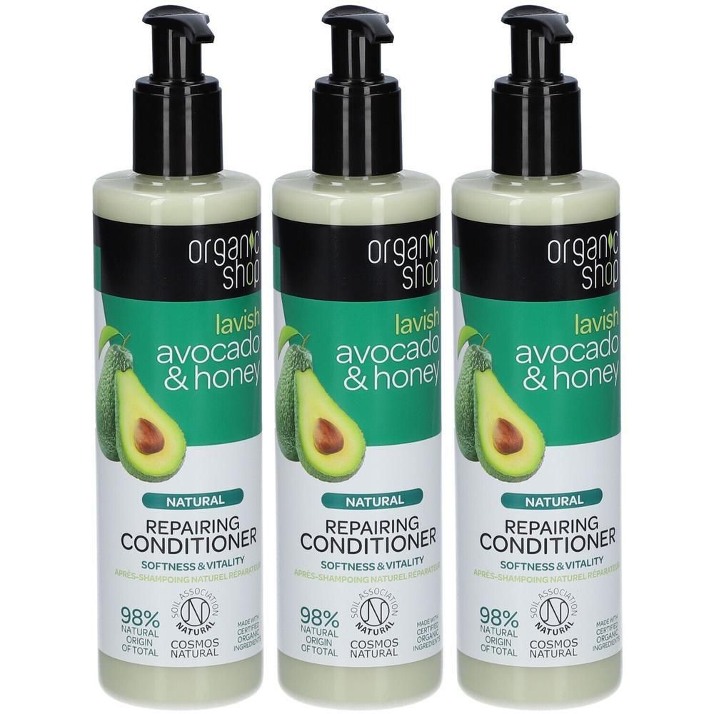 Trois bouteilles de "Organic Shop" Après-Shampooing Réparateur Avocat & Miel. Bouchon pompe.