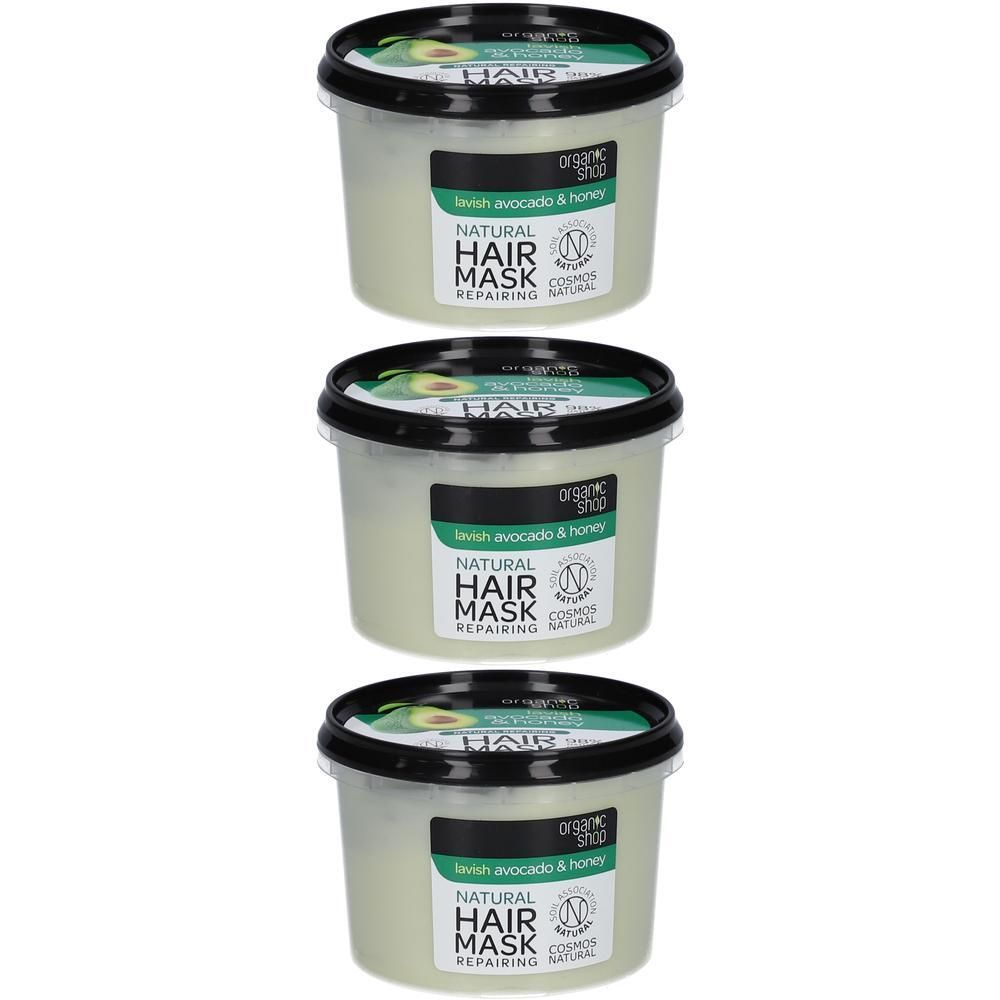 Trois pots de masque capillaire naturel, avocat et miel, réparateur.