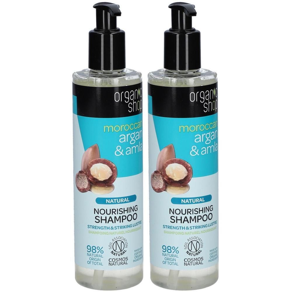 Deux bouteilles de Shampooing Nourrissant Bio Shop Argan & Amla. Bouchon pompe.