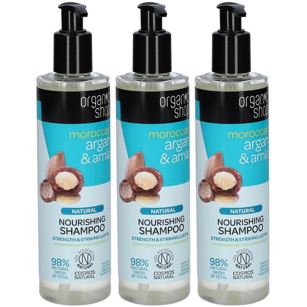 Drie flessen biologische shampoo met argan en amla. Natuurlijke voedende shampoo.