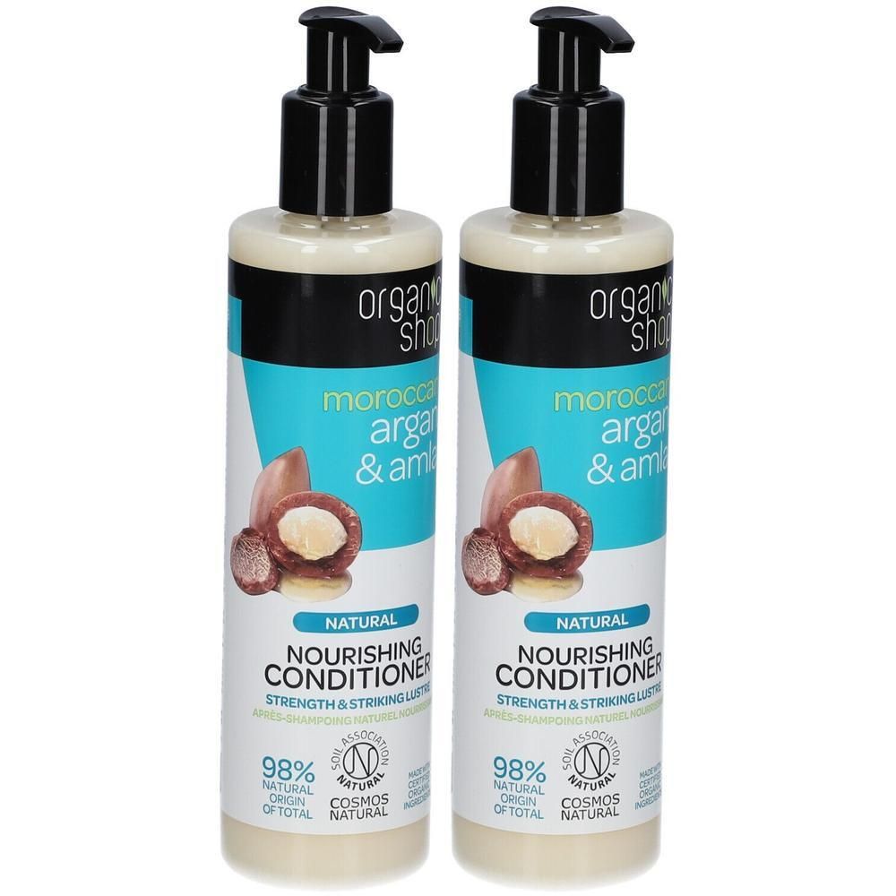 Twee flessen Organic Shop Argan & Amla Nourishing Conditioner met pompdop.