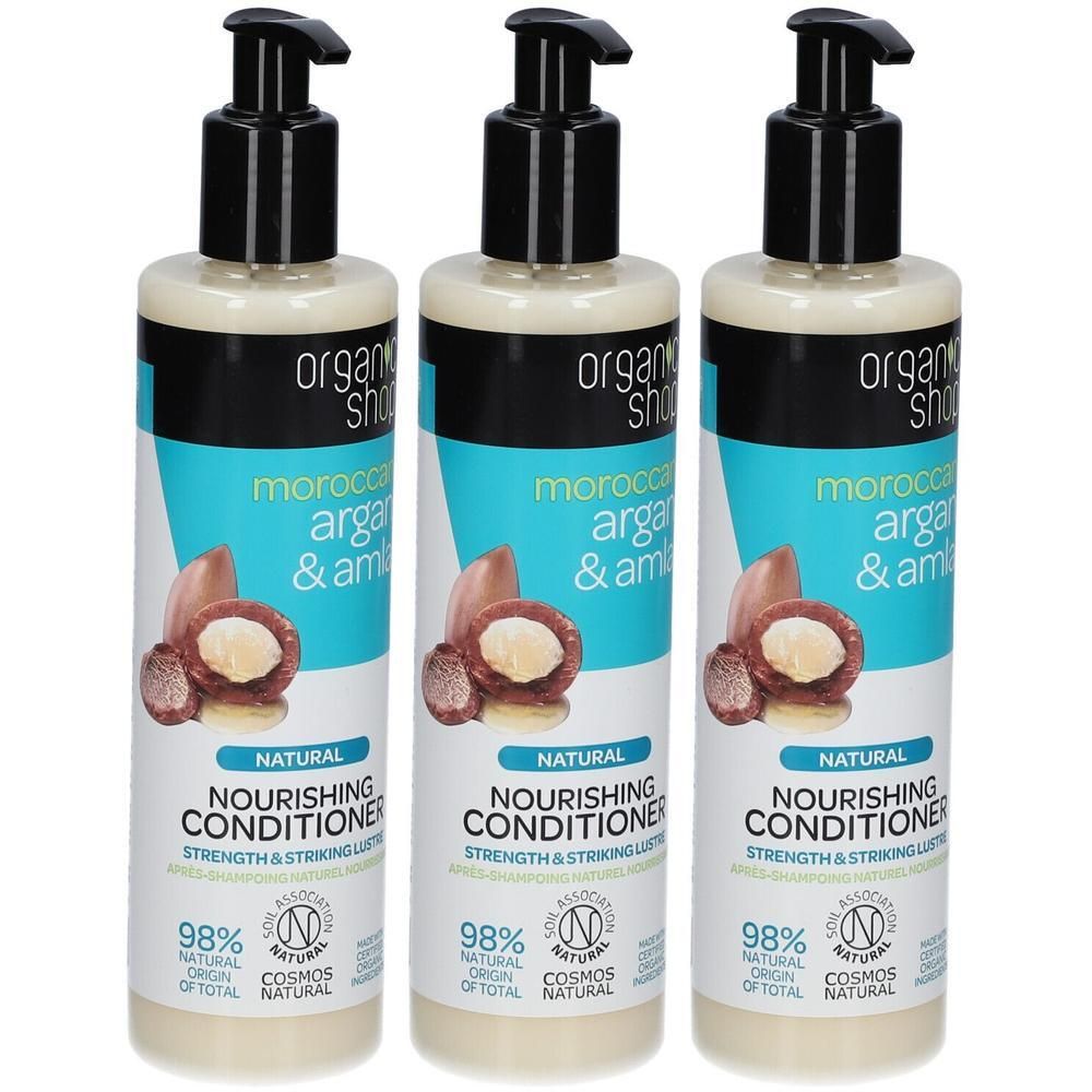 Trois bouteilles de "Organic Shop" Argan & Amla Nourishing Conditioner avec pompe.