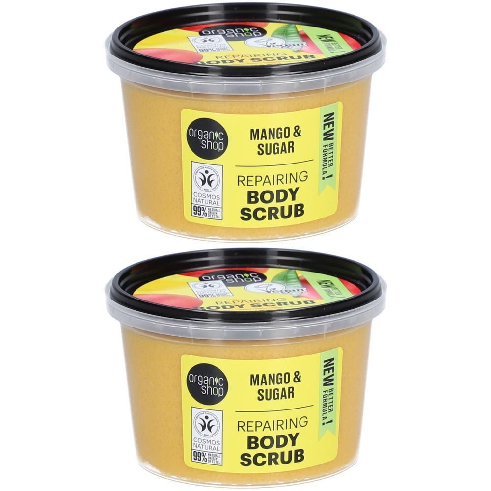 Twee potten mango & suiker body scrub. COSMOS NATURAL gecertificeerd.