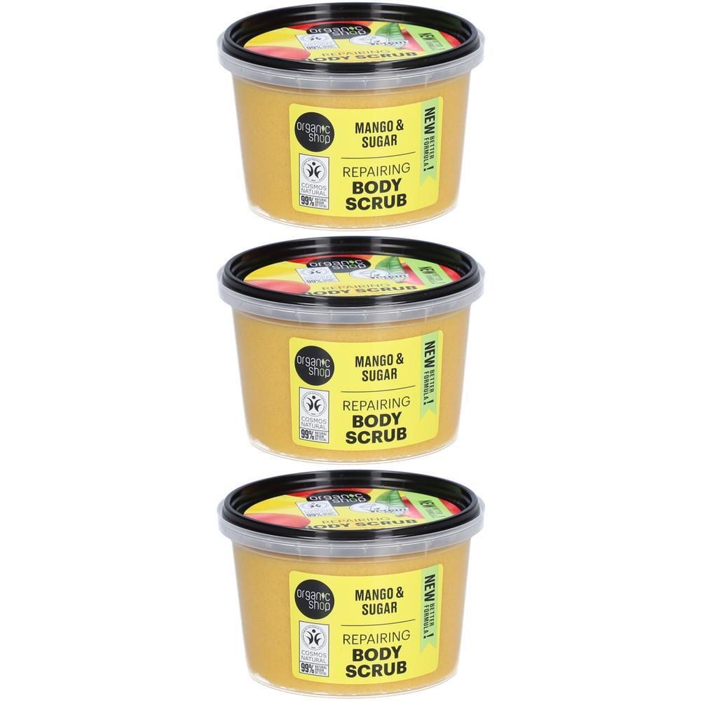 Trois pots de gommage corporel mangue et sucre.