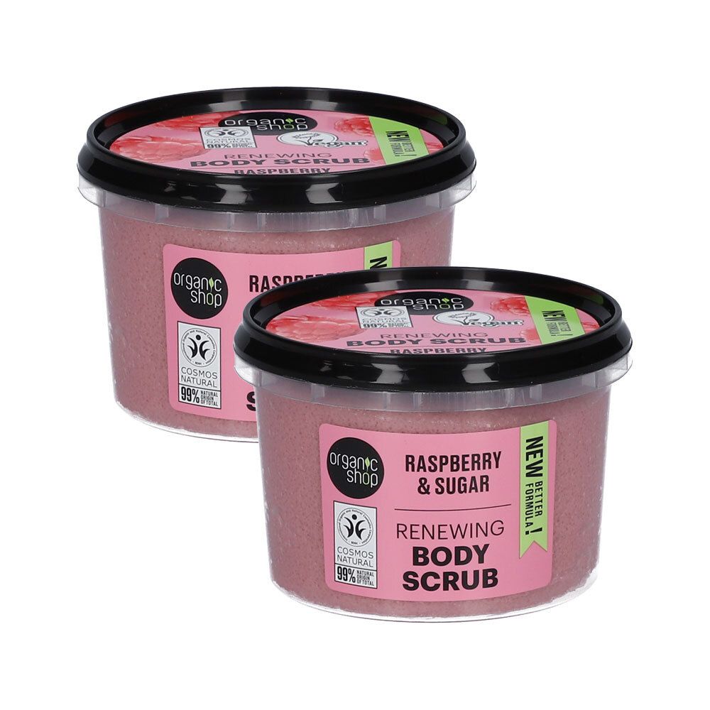 Twee potten Organic Shop Raspberry & Sugar Body Scrub. Roze scrub met zwarte deksels.