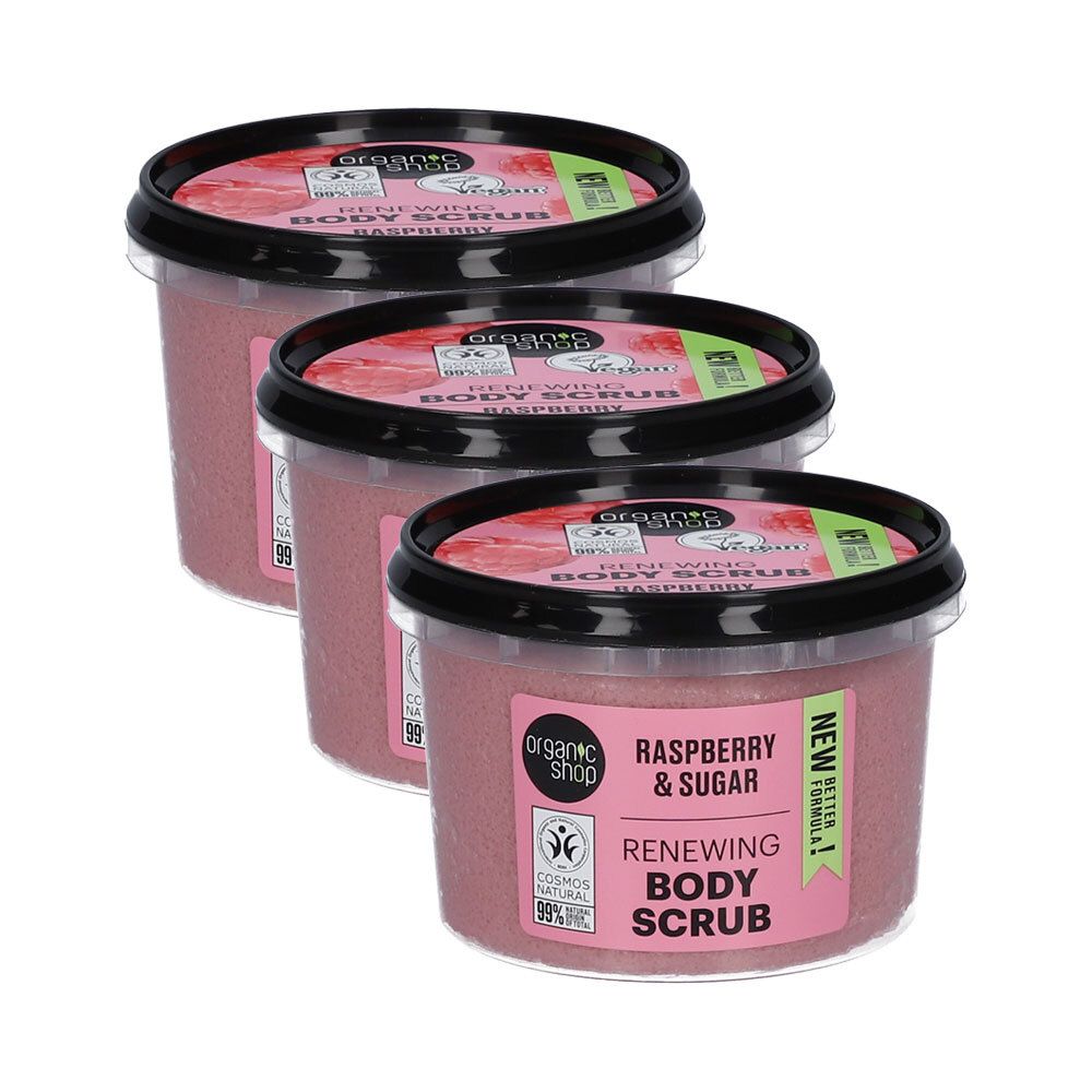 Drie potten ORGANIC SHOP Raspberry & Sugar Body Scrub. Roze scrub met zwarte deksels.