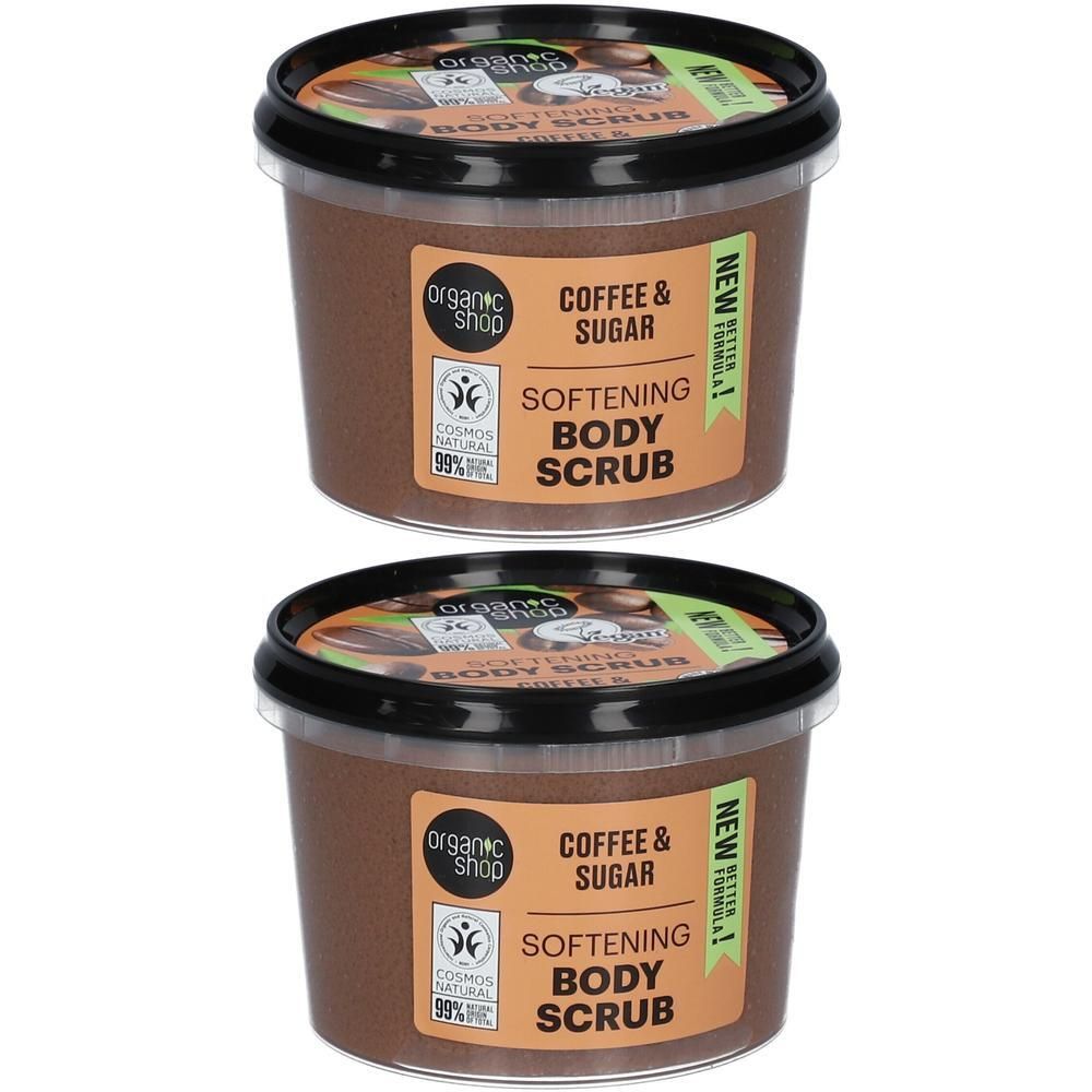 Twee potten Organic Shop Body Scrub Koffie & Suiker. Bruine scrub met koffiedik en suiker.