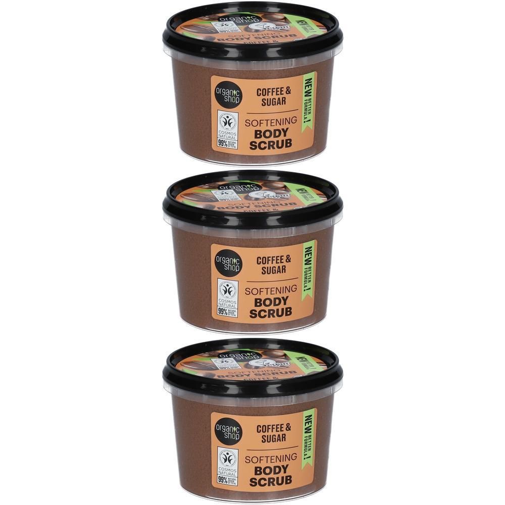 Trois pots de gommage corporel "Organic Shop Coffee & Sugar".