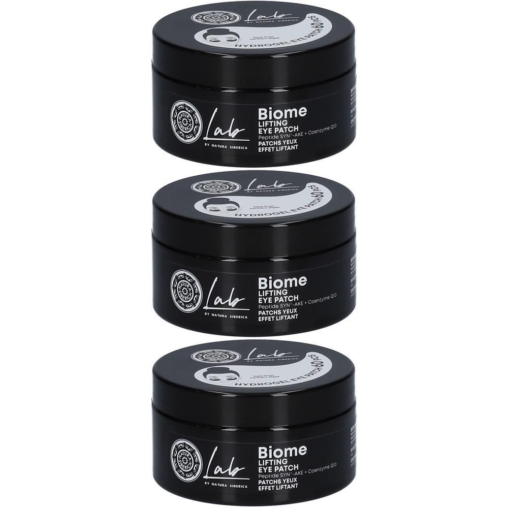 Drie zwarte potjes met Natura Siberica Labo Biome Lifting Eye Patch.