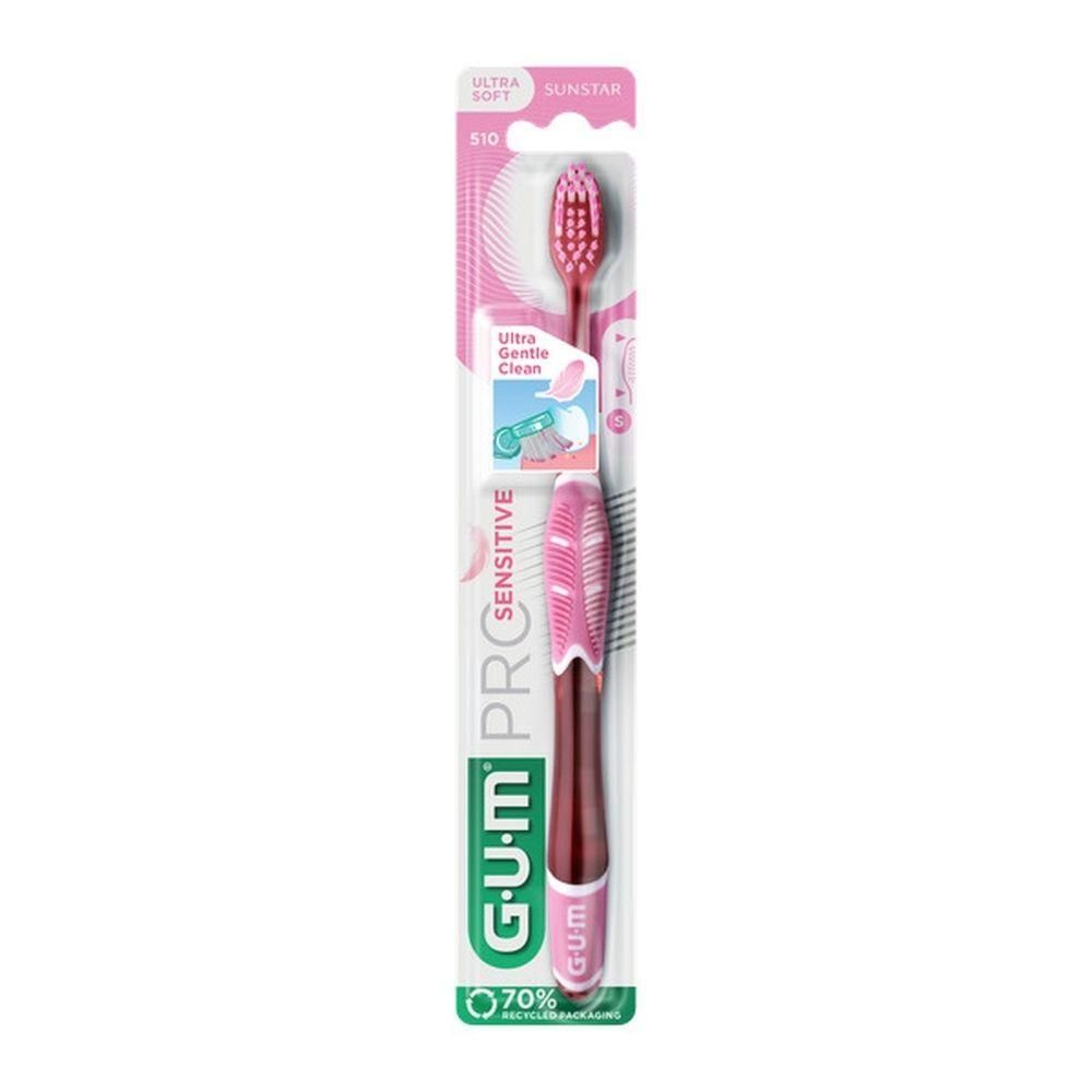 GUM Pro Sensitive tandenborstel, Ultra Soft, roze, in verpakking.