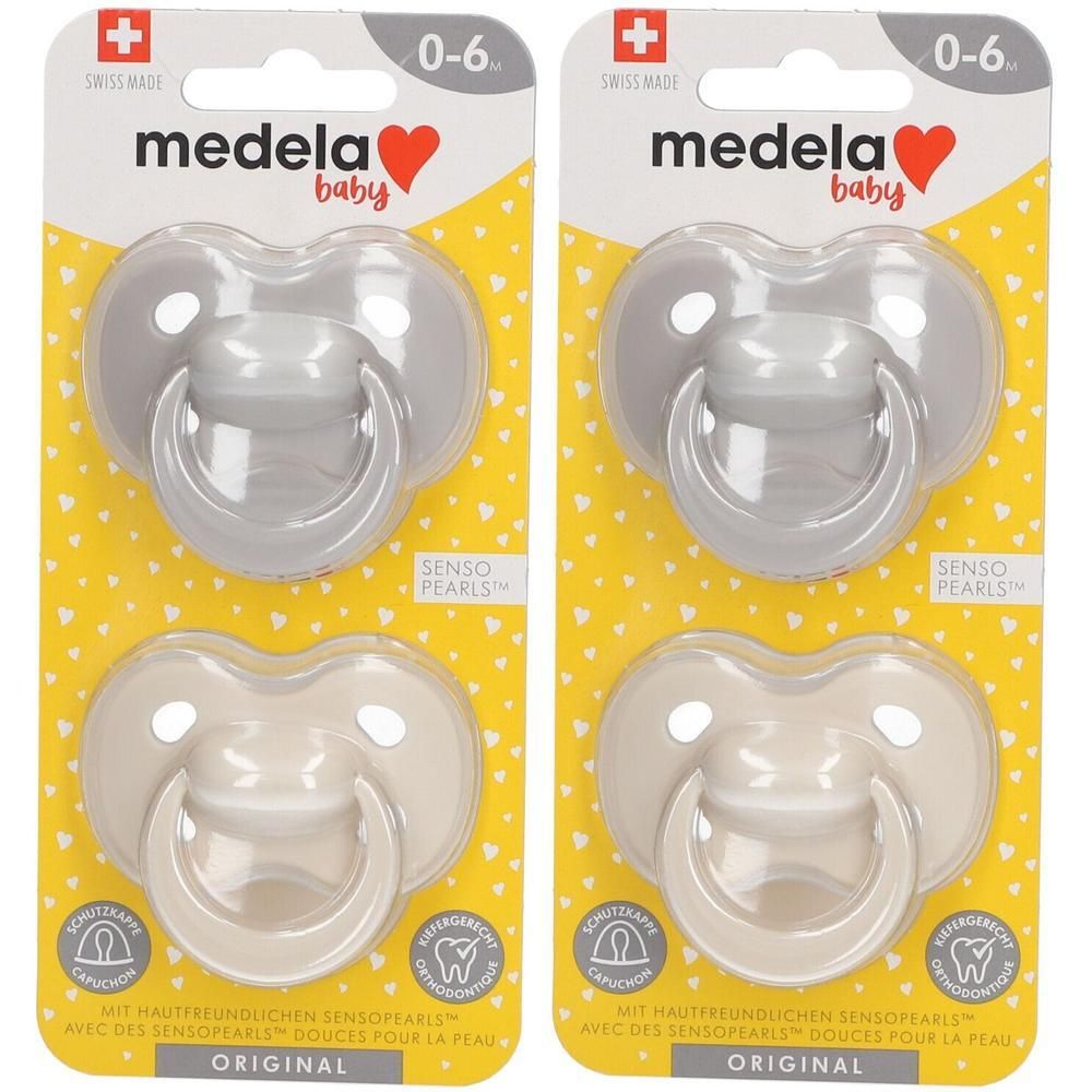 Deux sucettes Medela Baby, 0-6 mois, grises et beiges. Forme orthodontique avec SensoPearls.