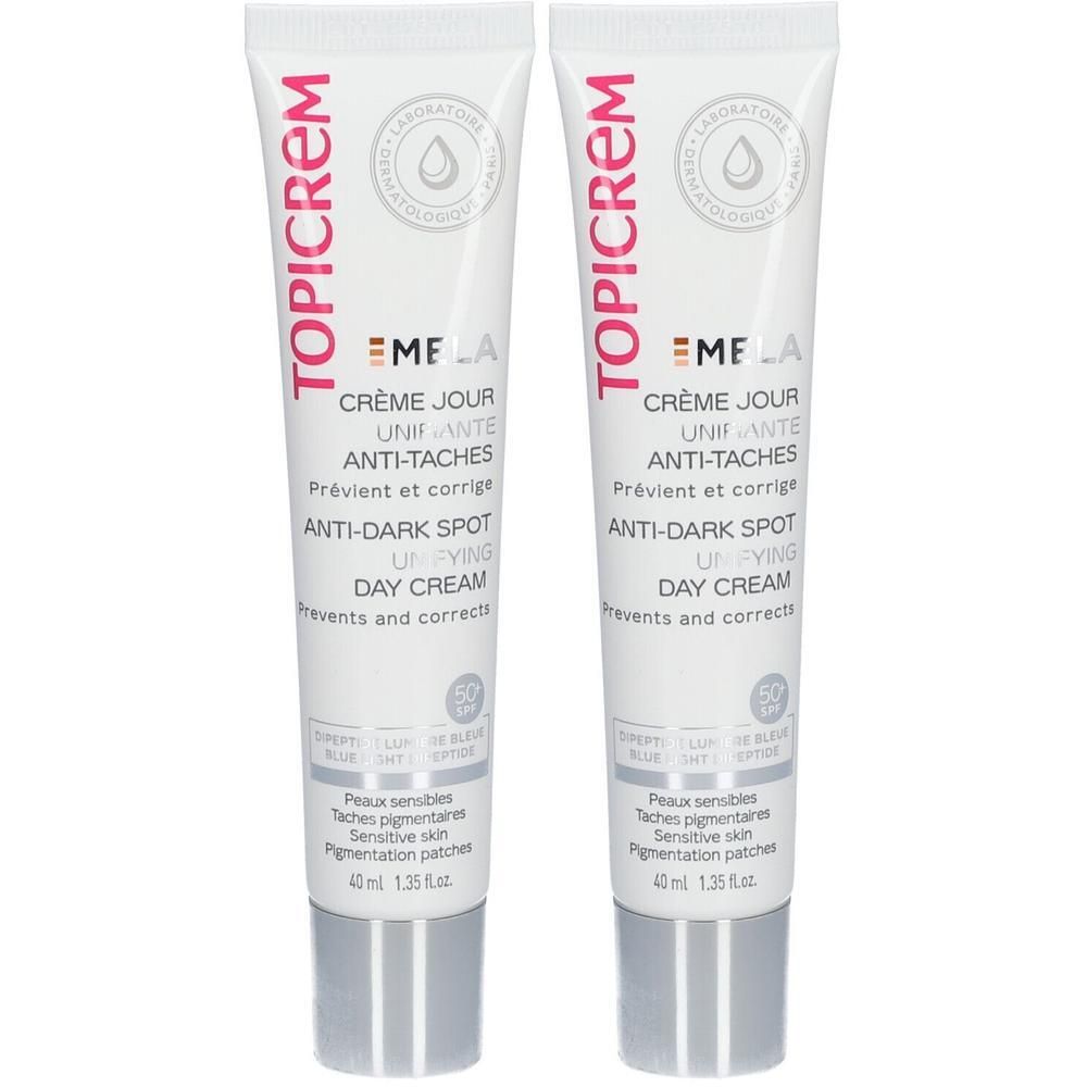 Twee tubes Topicrem Mela egaliserende dagcrème anti-vlekken SPF50.