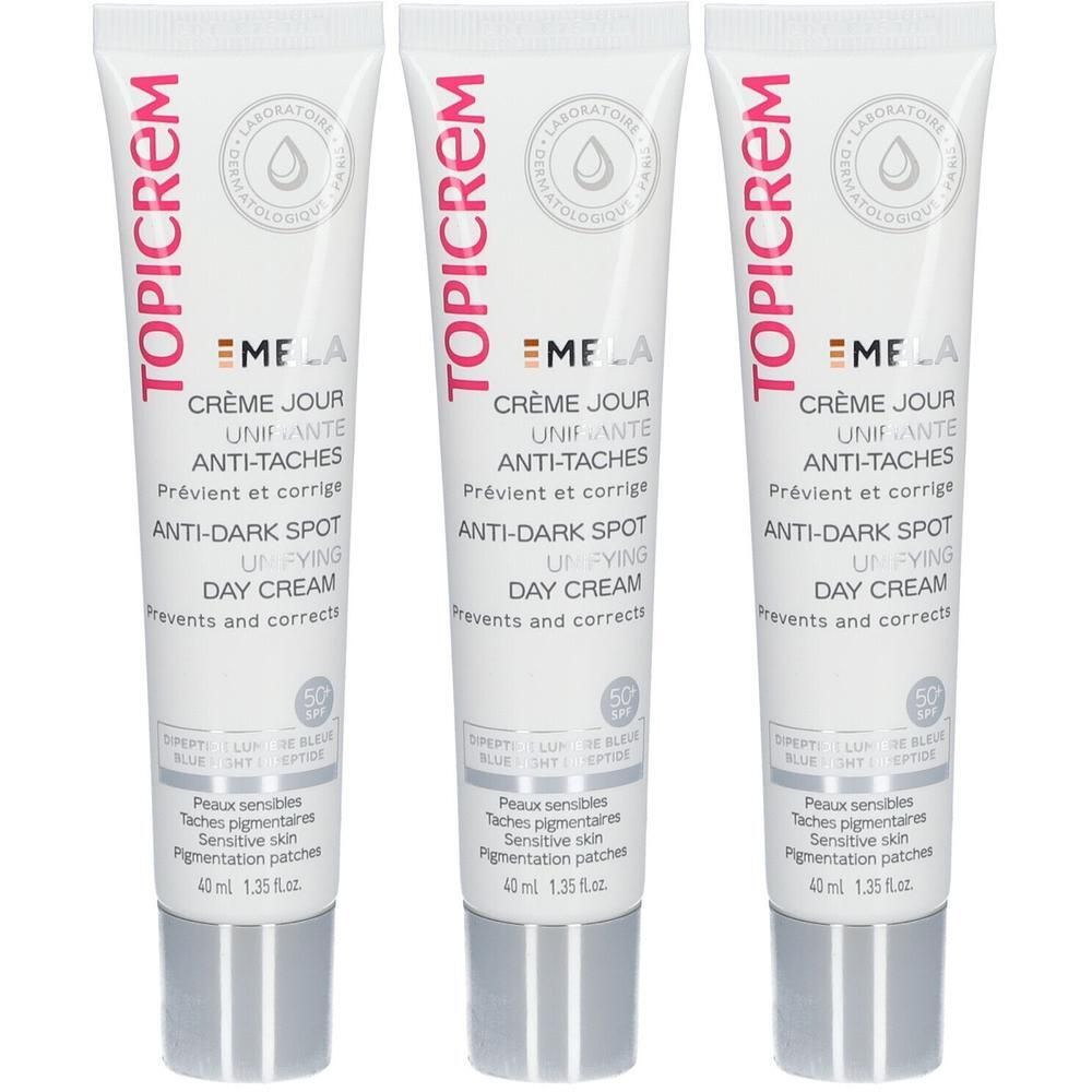 Drie tubes Topicrem Mela Unifying Day Cream Anti-Dark Spot SPF50.