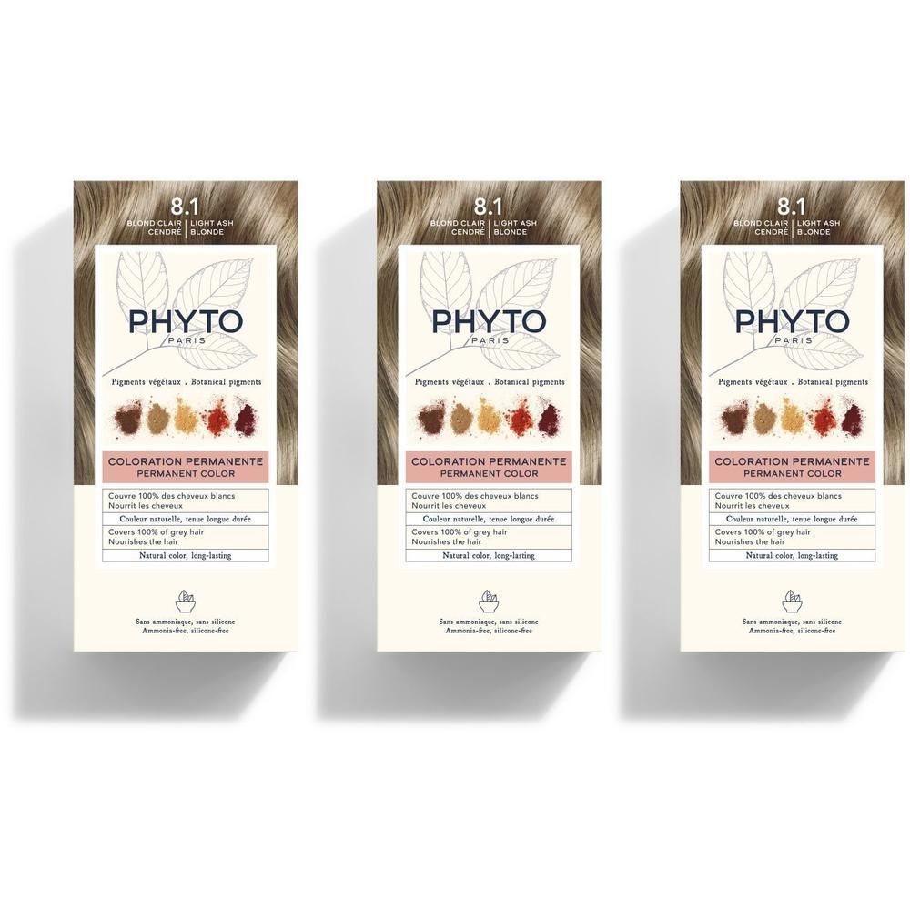 Drie pakken PHYTO permanente haarkleuring 8.1 Lichtblond As. Plantaardige pigmenten.