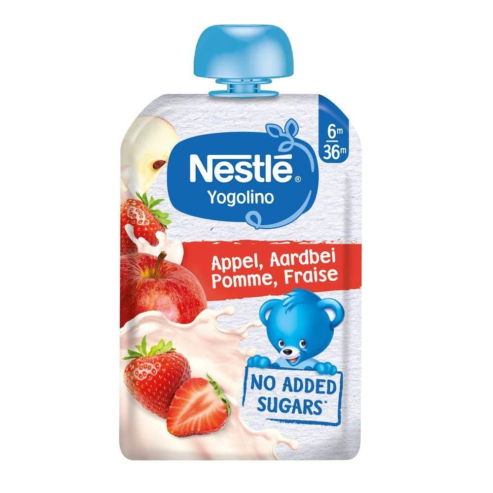Nestlé Yogolino Appel-Aardbei zakje met blauwe dop. Toont appels, aardbeien en een blauwe teddybeer. Zonder toegevoegde suikers.