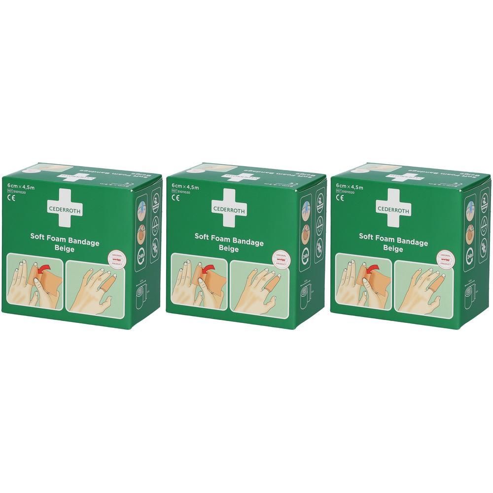 Drie groene dozen Cederroth Soft Foam Bandage Beige, 6 cm x 4,5 m. Toont gebruiksinstructies.
