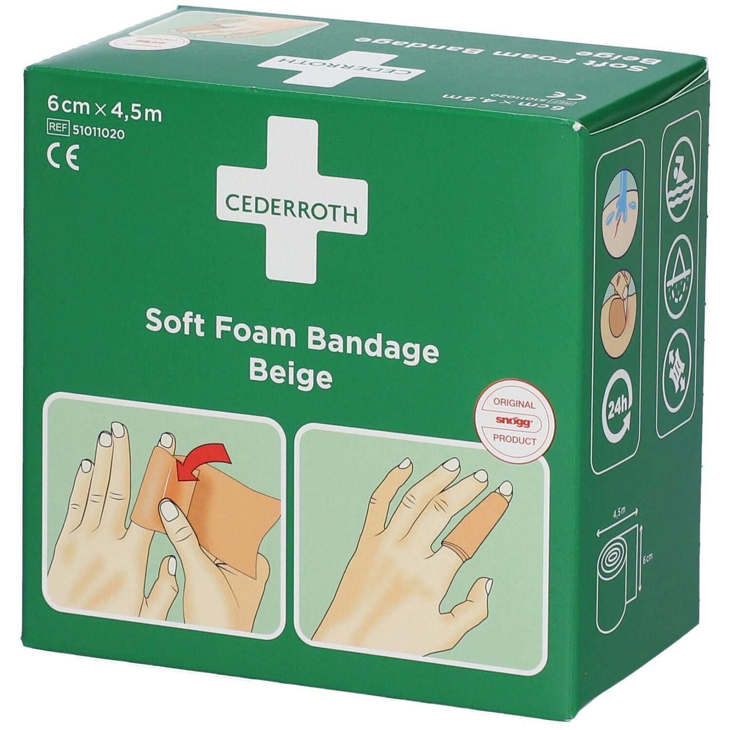 Cederroth Soft Foam Bandage Beige, 6cm x 4,5m. CE-markering. Afbeelding toont toepassing op de vinger.