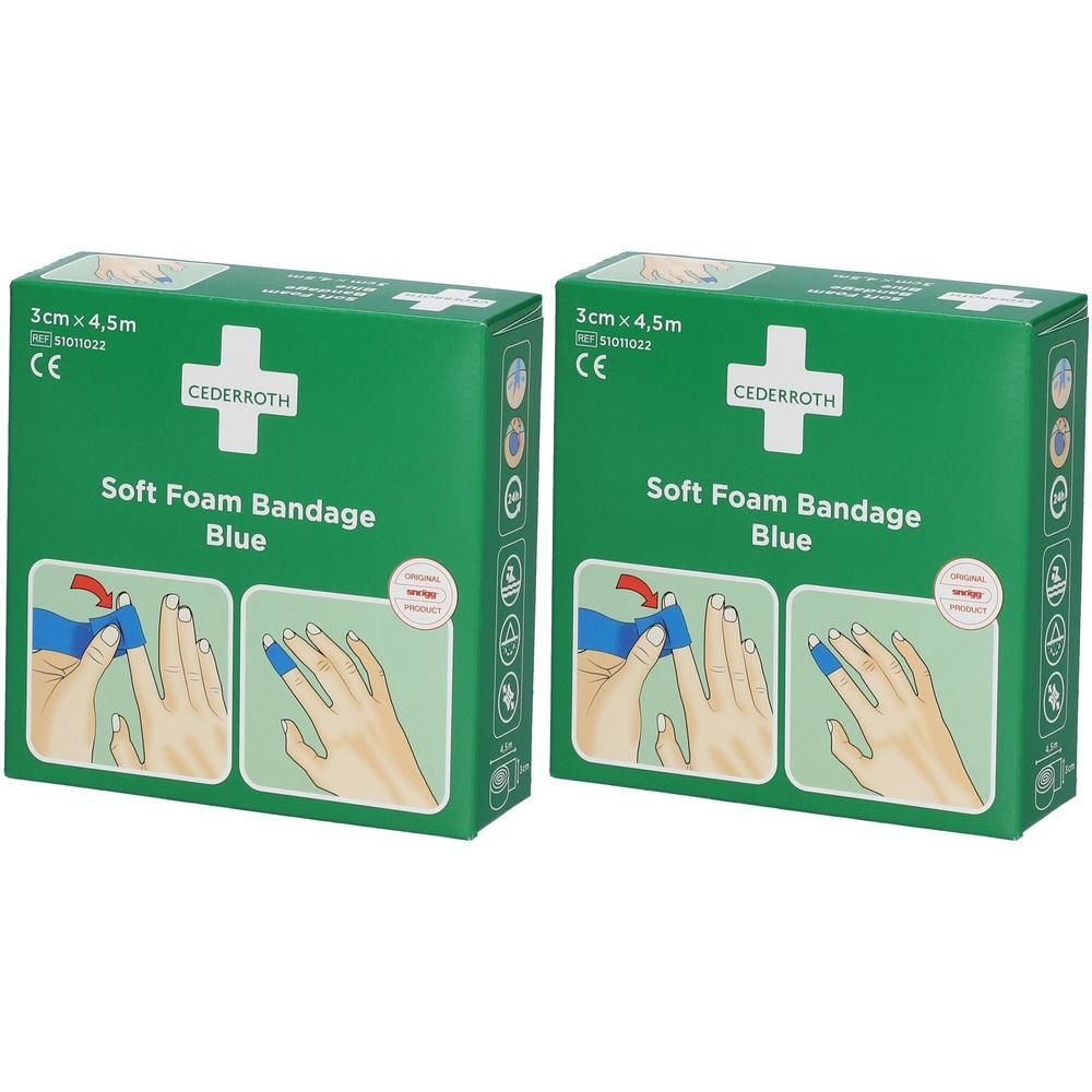 Deux paquets de Cederroth Soft Foam Bandage Bleu, 3 cm x 4,5 m. Montre l'application sur le doigt.