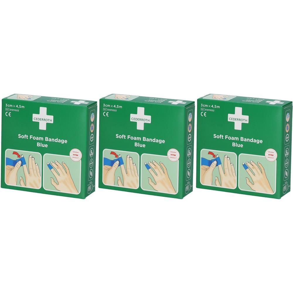 Drie pakken Cederroth Soft Foam Bandage Blauw, 3 cm x 4,5 m. Groene verpakking met wit kruis en productinformatie.