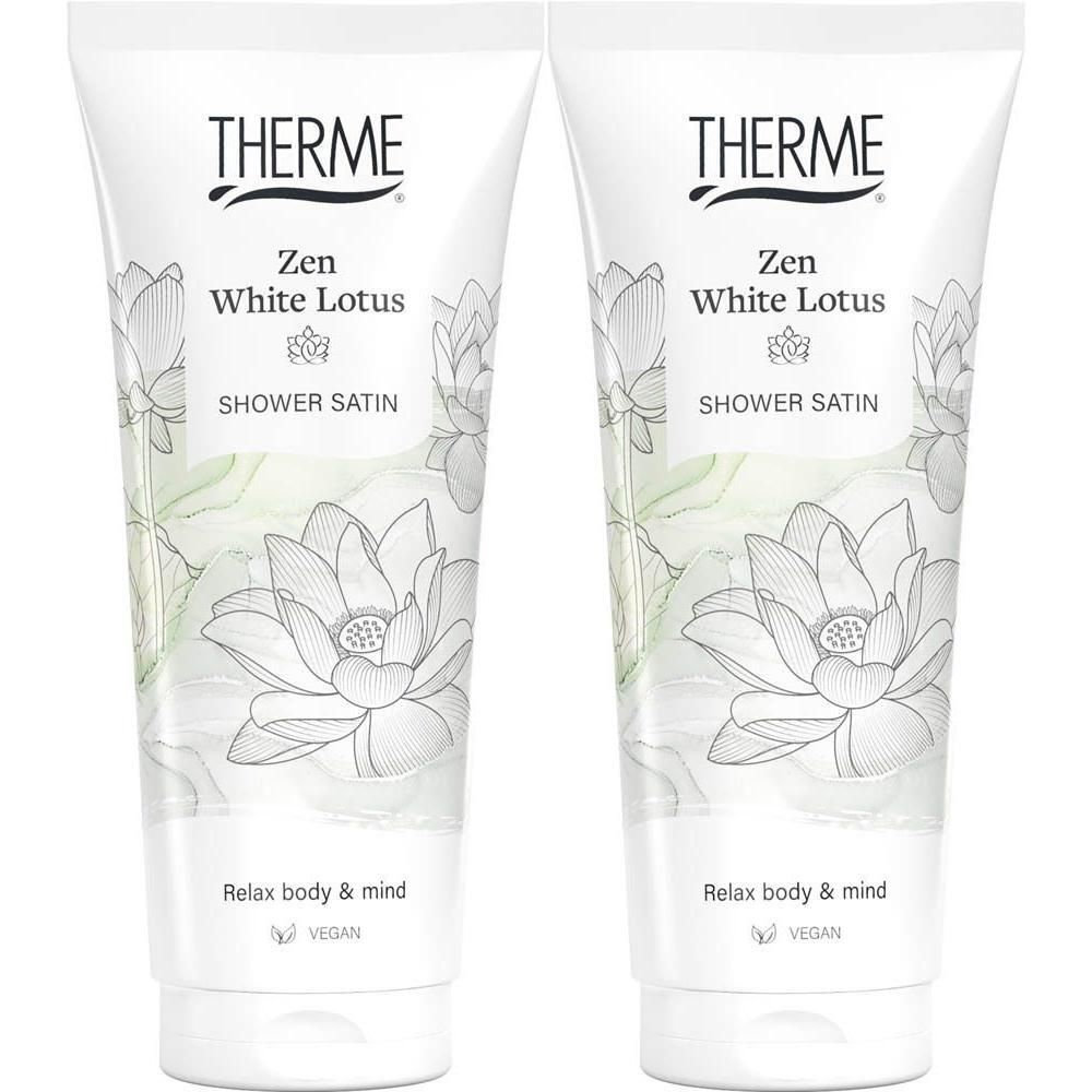 Twee witte tubes THERME Zen White Lotus Shower Satin met lotusbloemdecoratie.