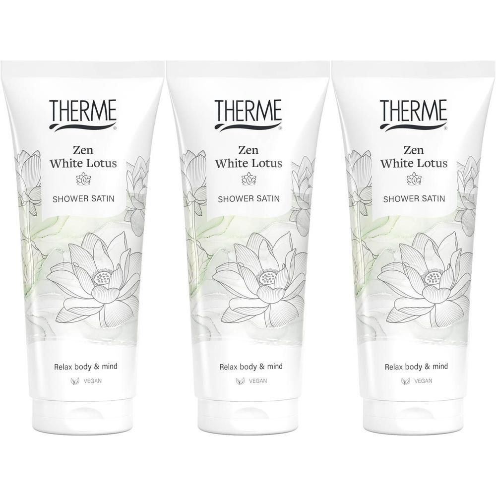 Drie witte tubes THERME Zen White Lotus Shower Satin met lotusbloem-design.