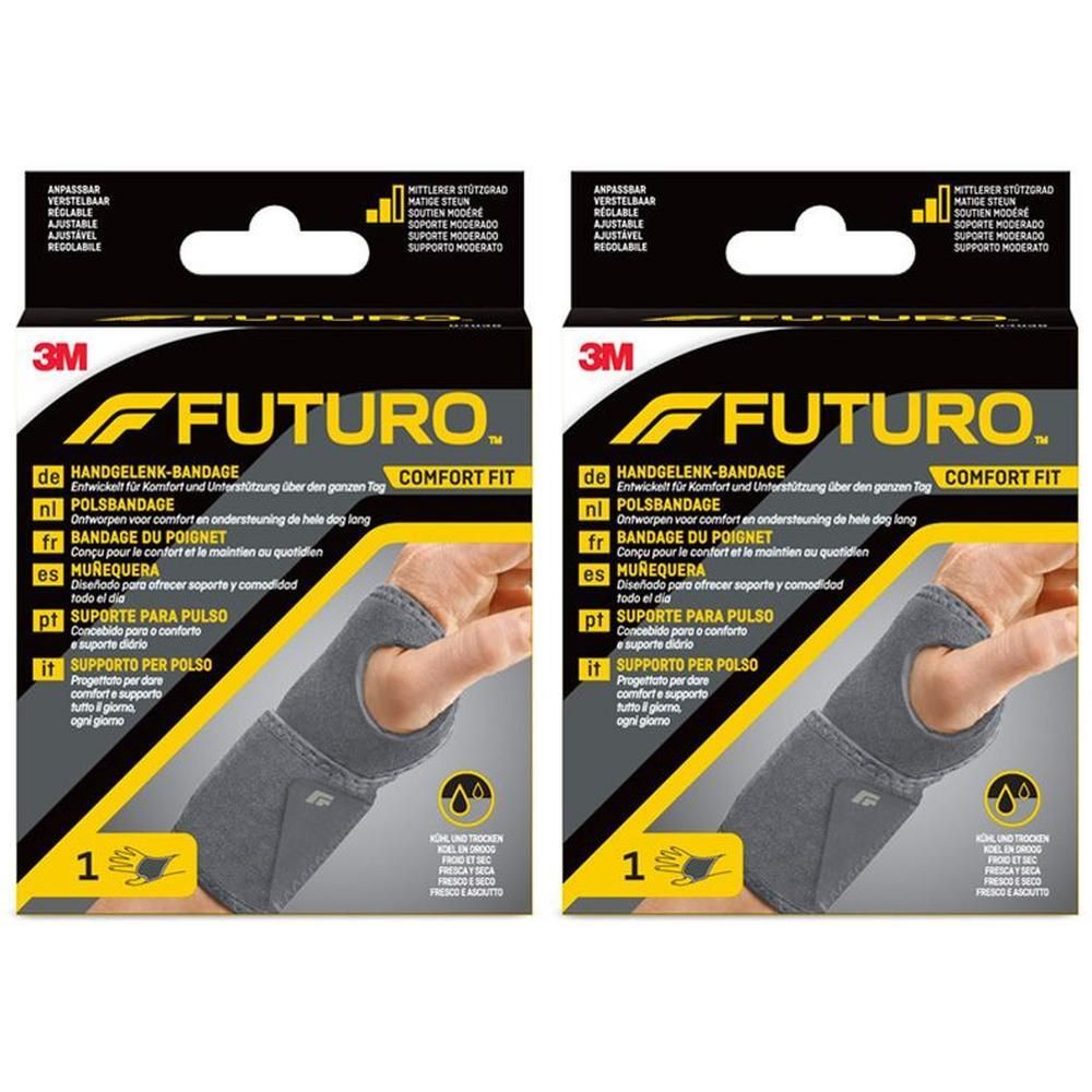 Twee verpakkingen Futuro Comfort Fit polsbandages.