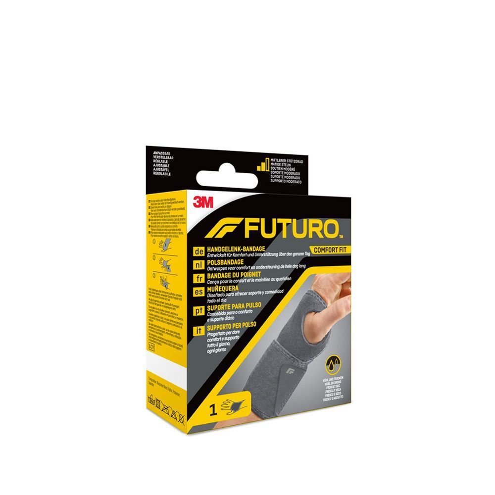 Eén verpakking Futuro Comfort Fit polsbandage met afbeelding.