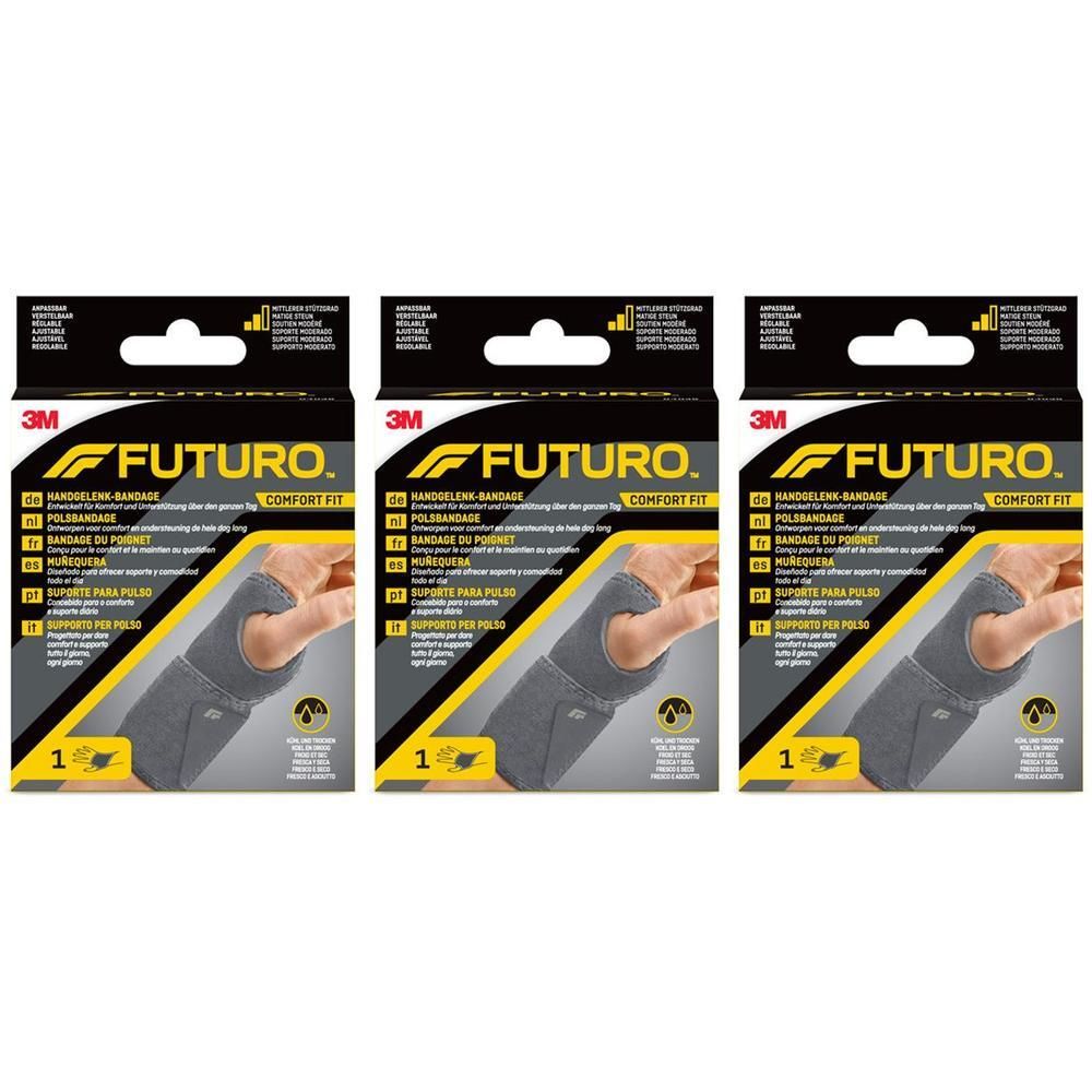 Drie verpakkingen Futuro Comfort Fit polsbandage.