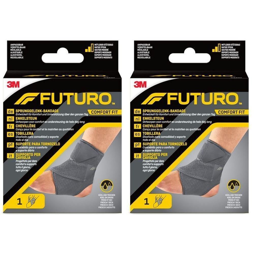 Twee FUTURO Comfort Fit enkelbraces in detailverpakking.