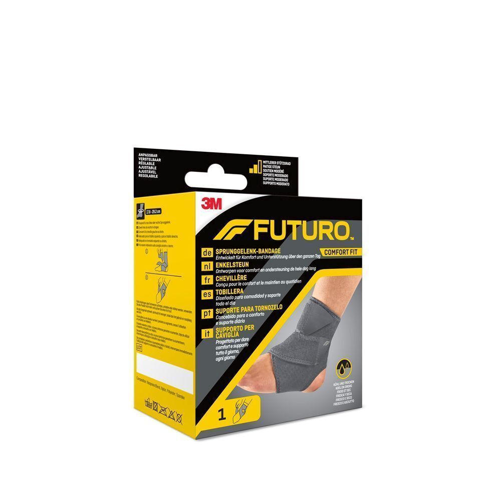 Une chevilleillère FUTURO Comfort Fit dans son emballage de vente au détail.