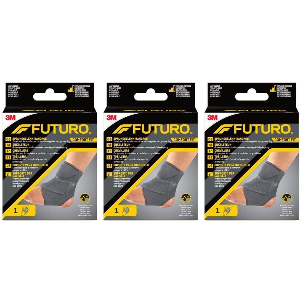 Drie FUTURO Comfort Fit enkelbraces in detailverpakking.
