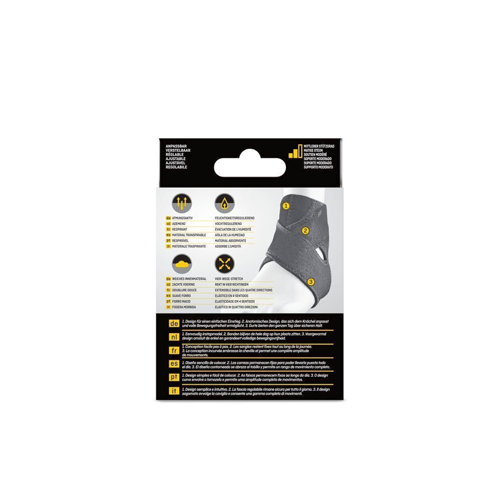 Achterkant van een FUTURO Comfort Fit enkelbrace verpakking met productkenmerken.