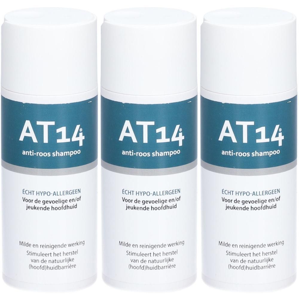 Trois flacons de shampooing antipelliculaire AT14. Hypoallergénique pour cuir chevelu sensible.
