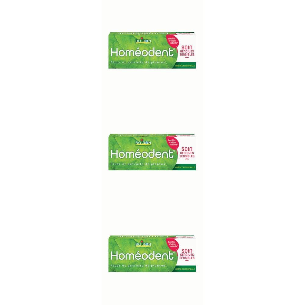 Homéodent Soin Gencives Sensibles, emballage avec motif de feuilles.