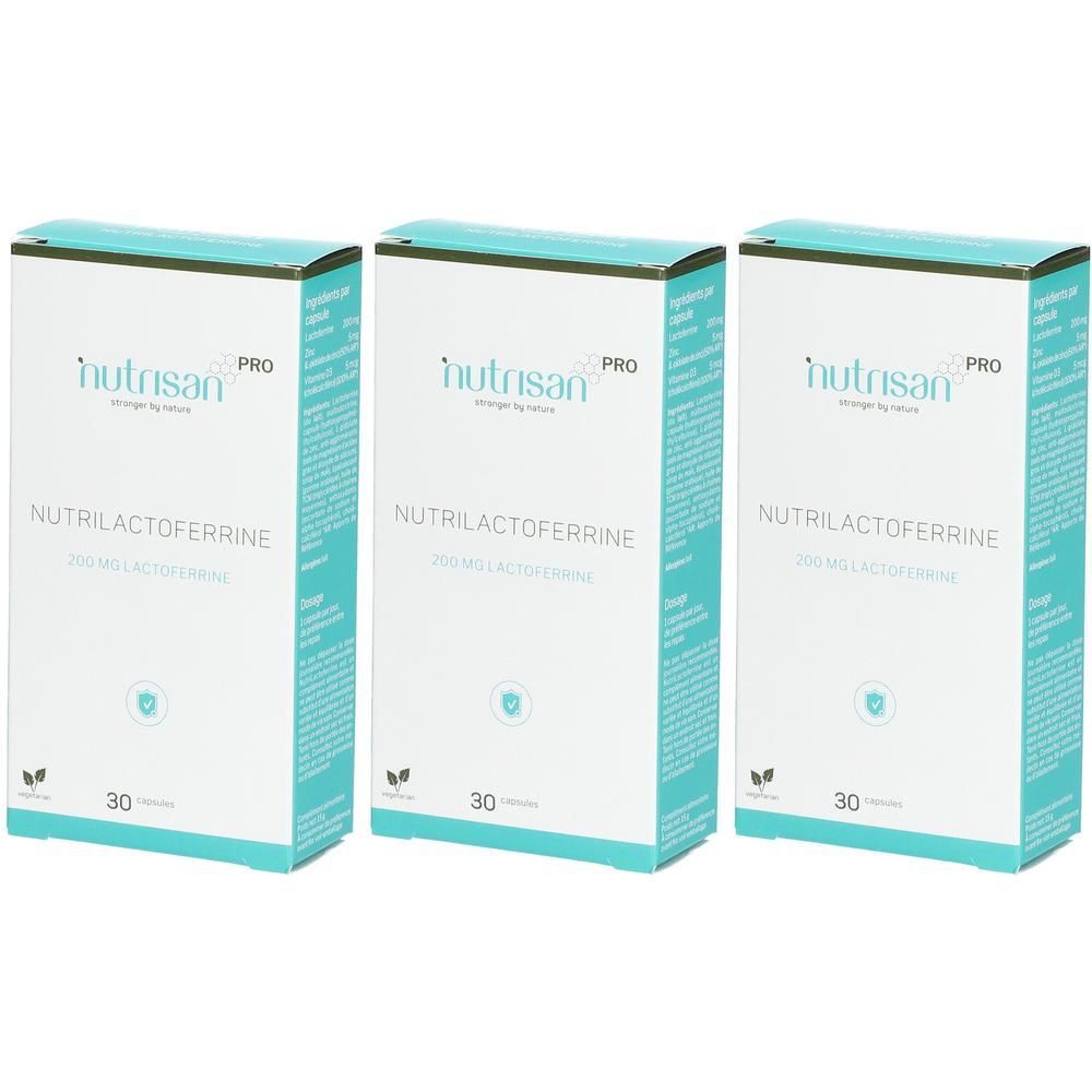 Trois boîtes de Nutrisan Pro Nutrilactoferrine, 30 capsules chacune.