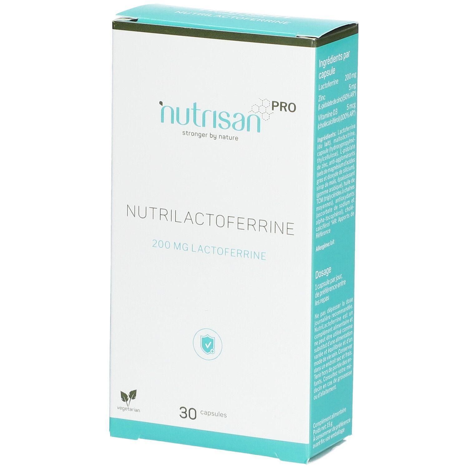 Boîte Nutrisan Pro Nutrilactoferrine de 30 capsules, 200 mg de lactoferrine par capsule.