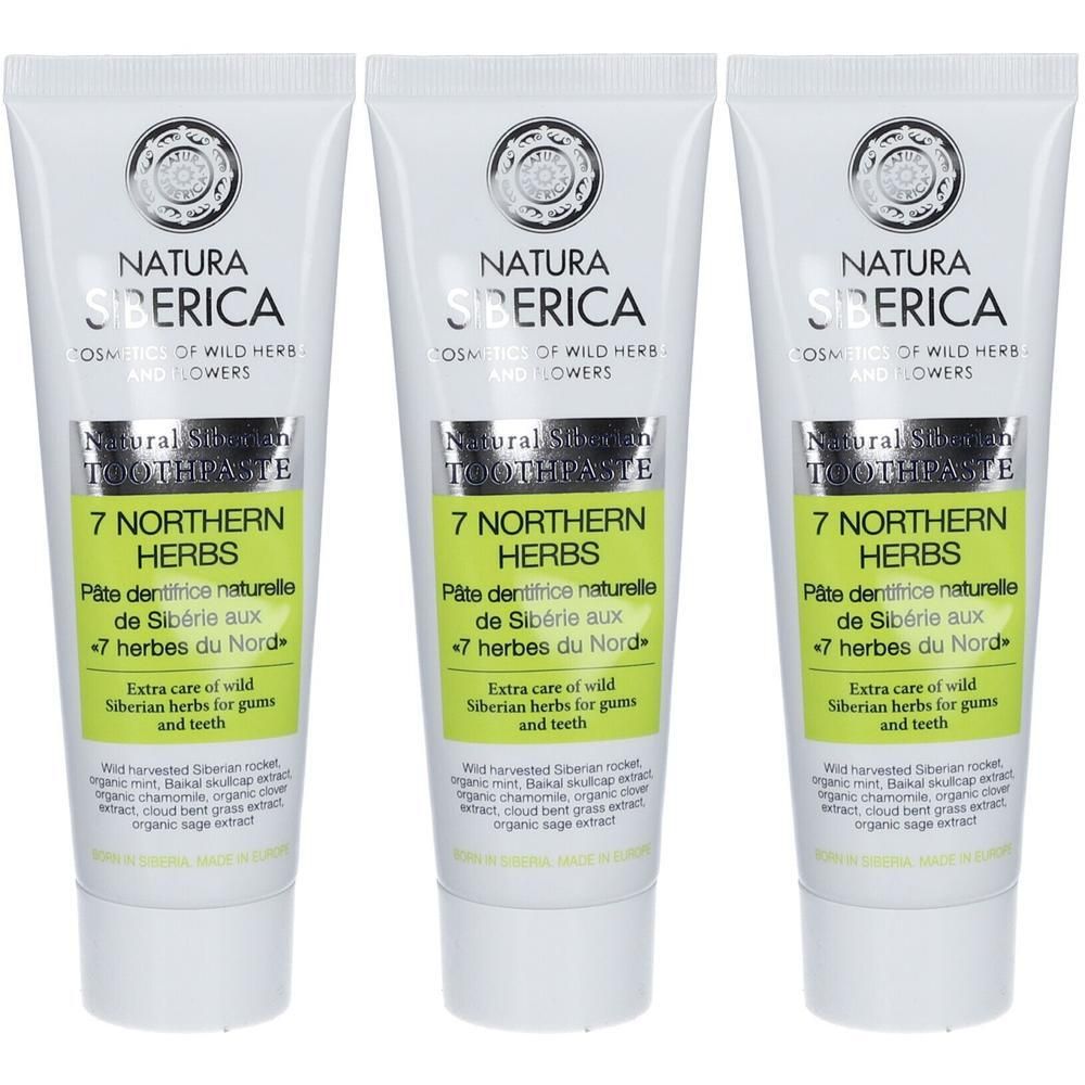 Trois tubes de dentifrice Natura Siberica aux 7 Herbes du Nord.