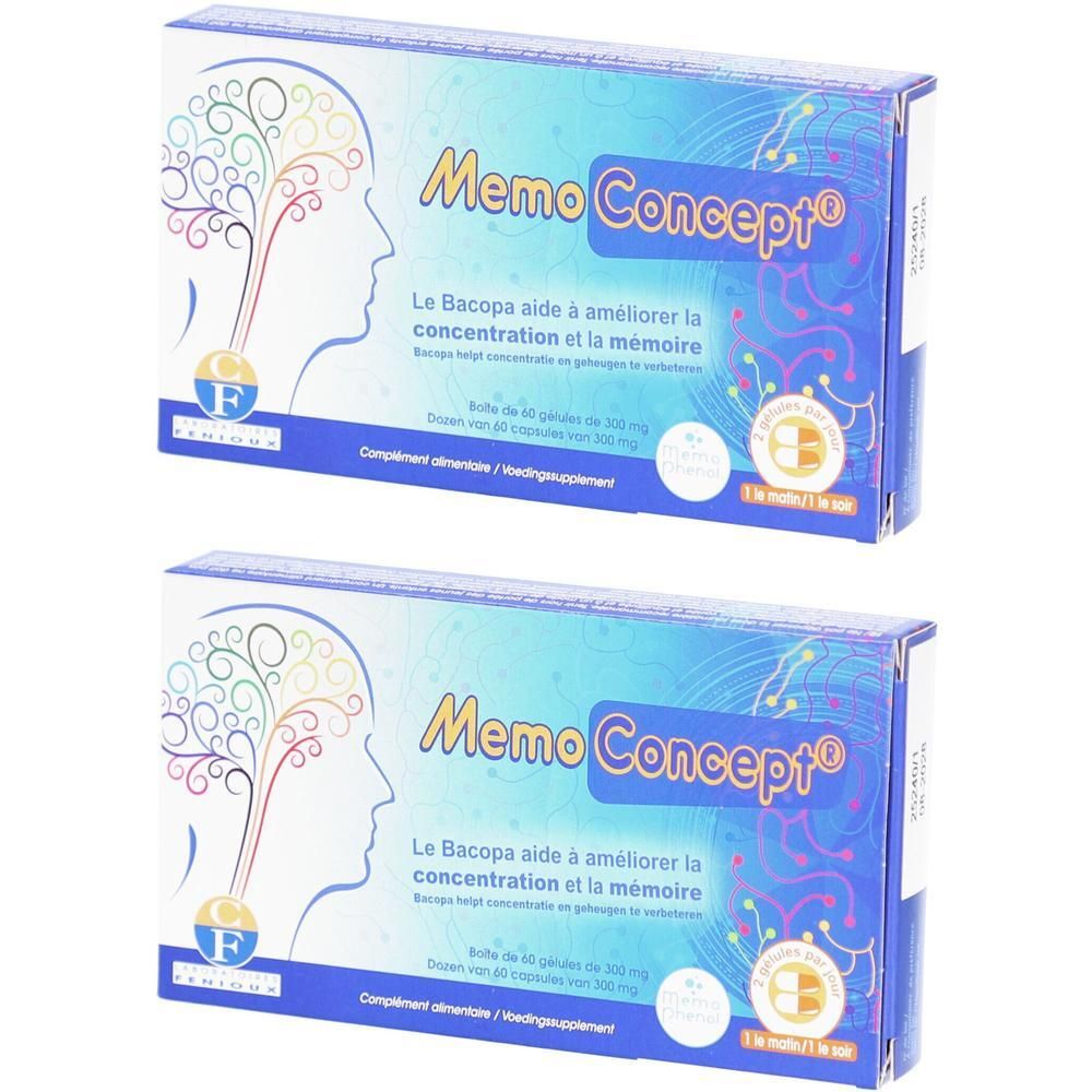 Deux boîtes de Memo Concept® avec des représentations du cerveau et de la concentration.