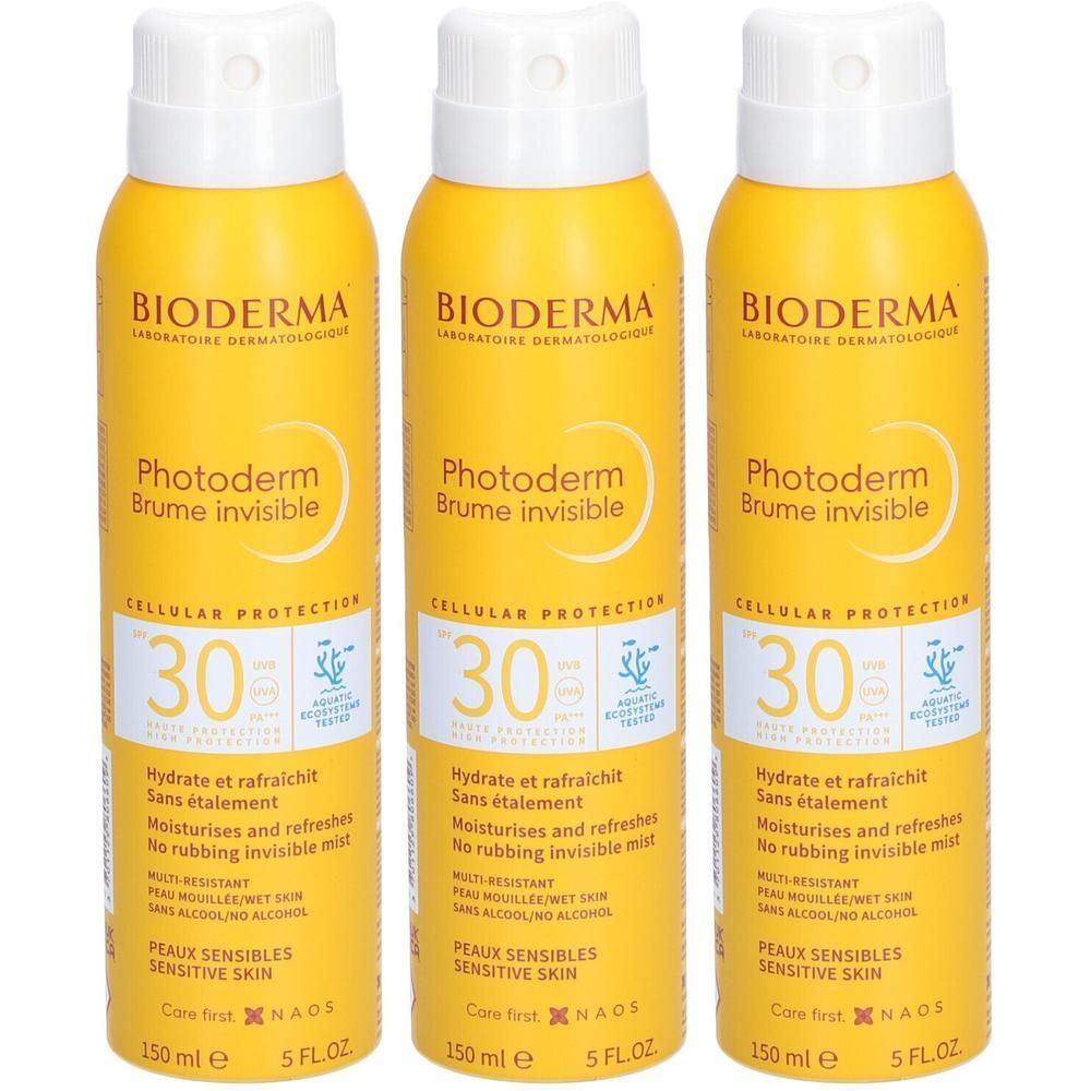 Trois sprays Bioderma Photoderm Brume Invisible SPF30 avec protection cellulaire.