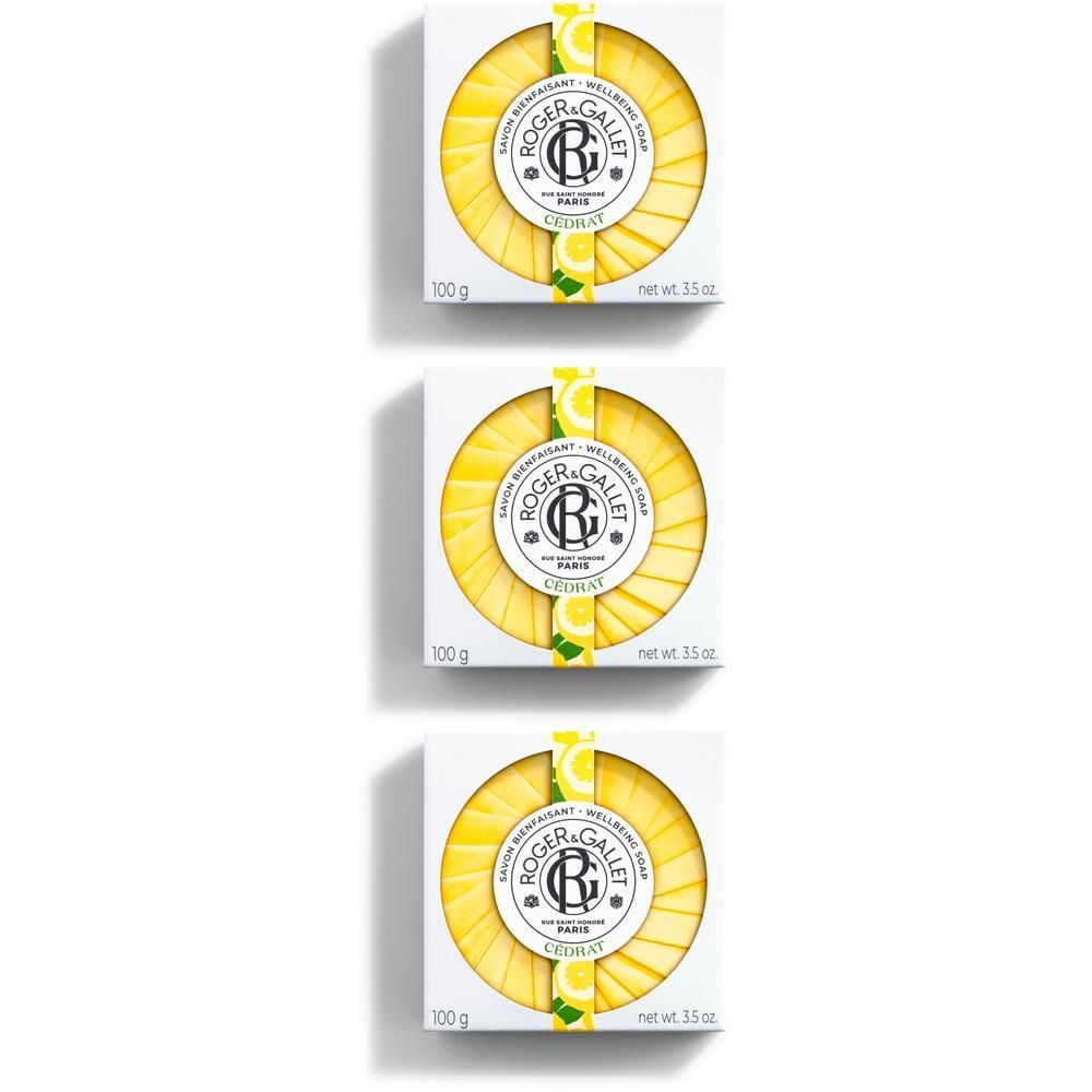 Drie Roger & Gallet Savon Bienfaisant Cédrat zepen in witte dozen, samengebonden met een citroenlint.