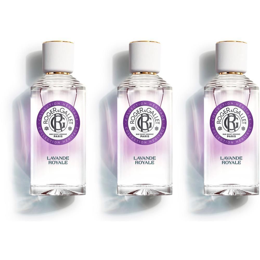 Trois flacons de Roger & Gallet Eau Parfumée Bienfaisante LAVANDE ROYALE côte à côte.