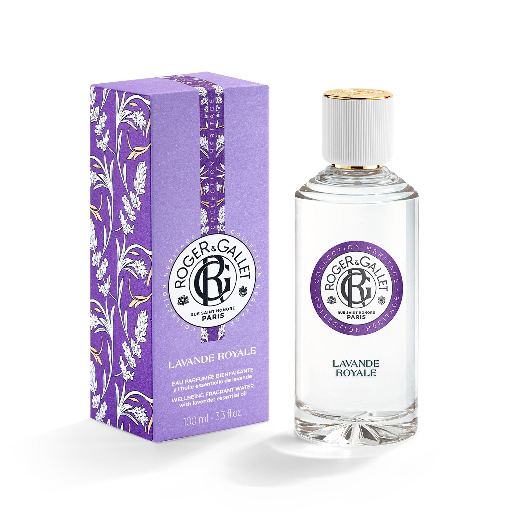 Een flacon Roger & Gallet Eau Parfumée Bienfaisante LAVANDE ROYALE naast de verpakking.