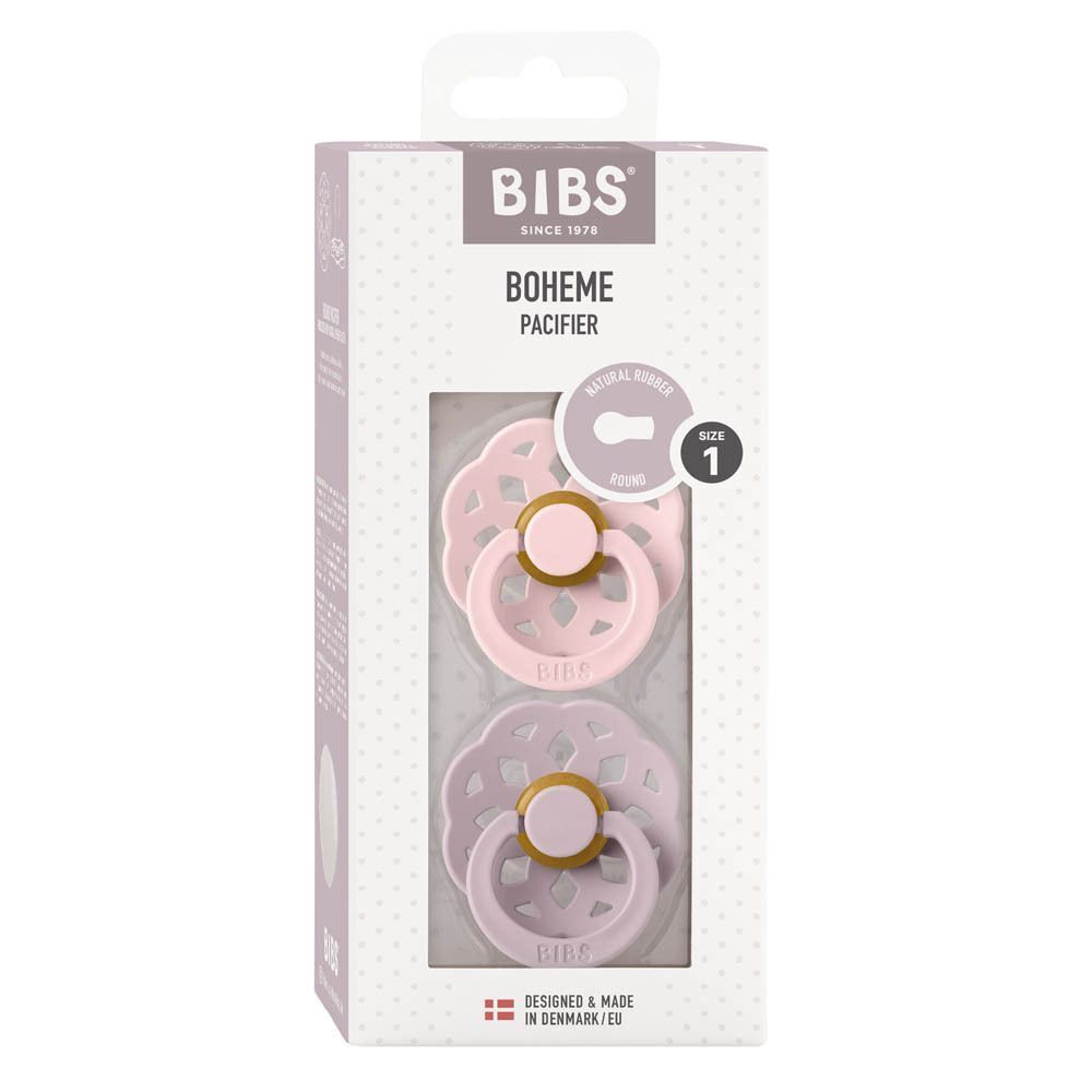 Verpakking met twee BIBS fopspenen, roze en lila, maat 1.