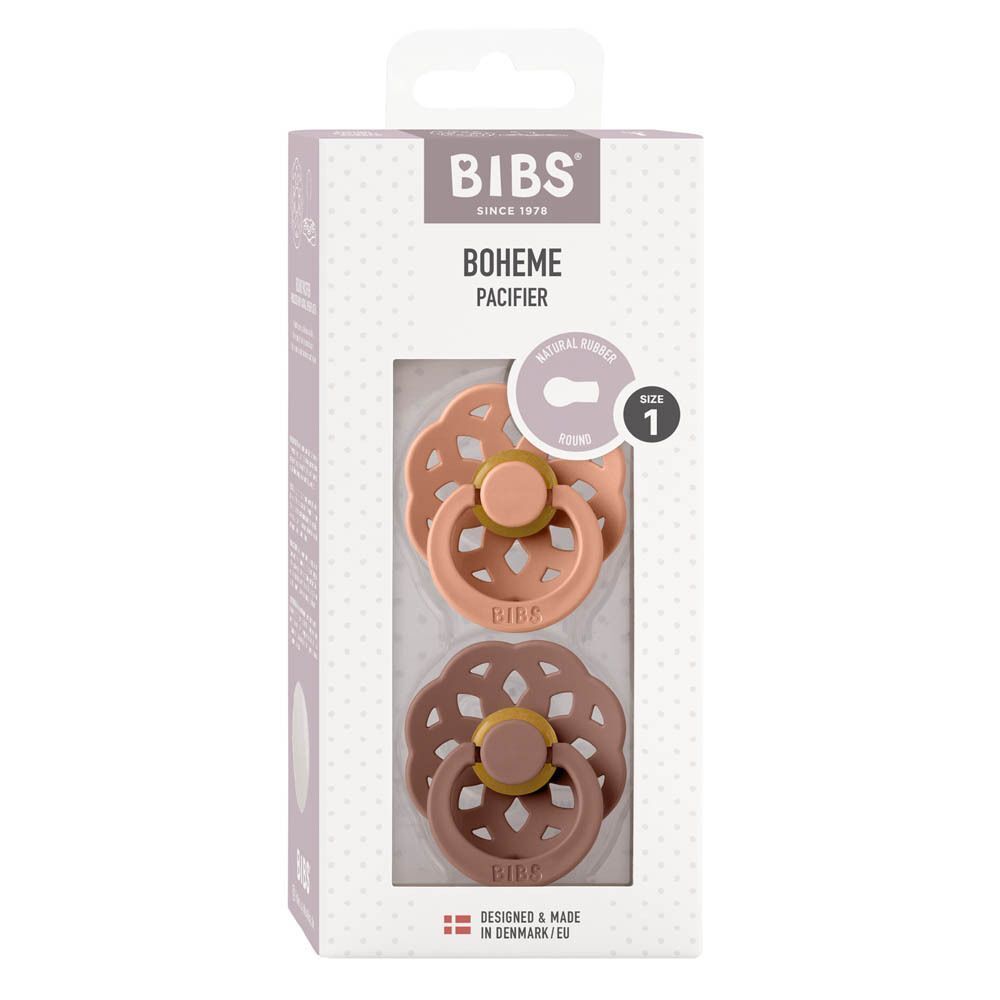 Boîte de sucettes BIBS Pacifier Boheme avec deux sucettes pêche et bois.