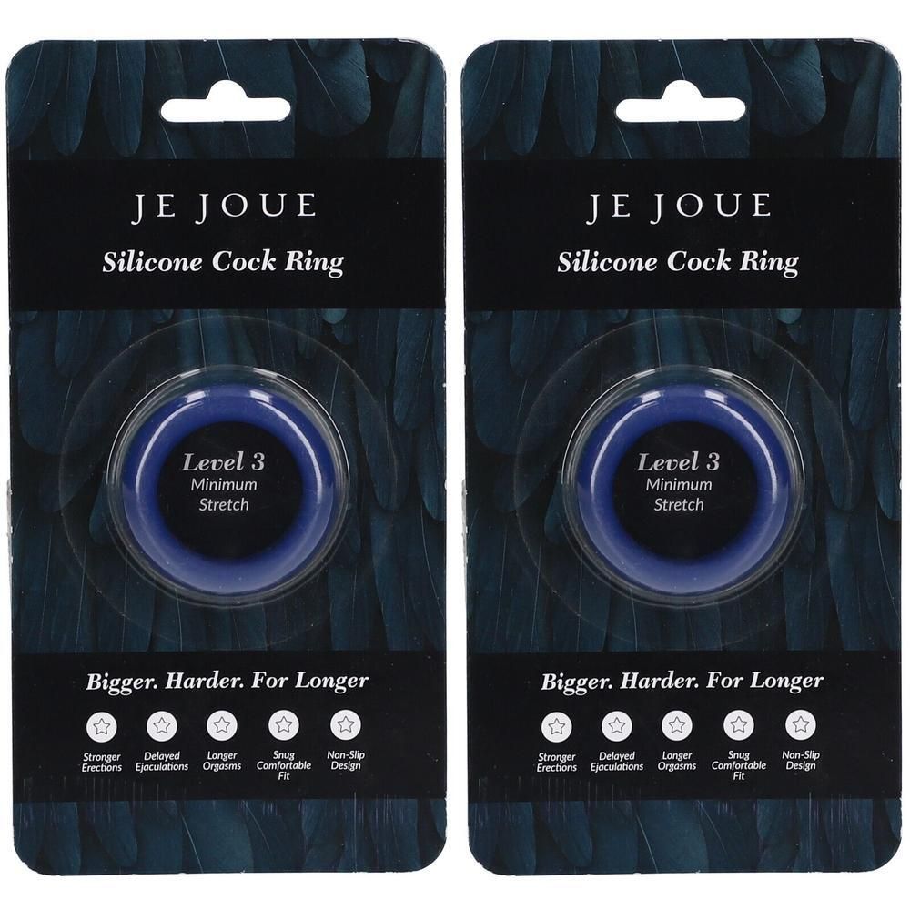 Twee blauwe Je Joue siliconen cockringen, Level 3, Minimum Stretch, in verpakking.