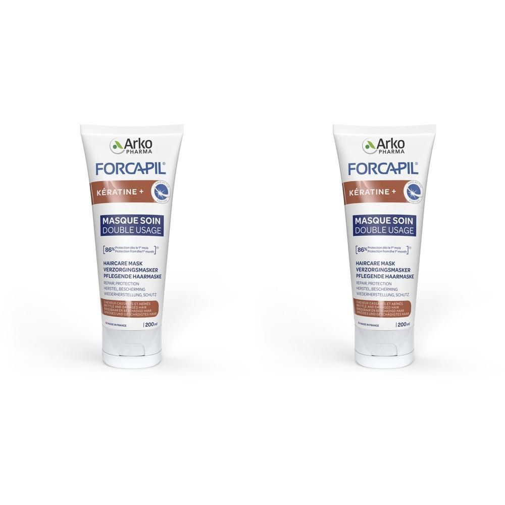 Deux masques capillaires Forcapil Kératine+ Double Usage en tubes blancs.