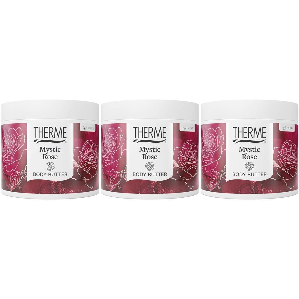 Trois pots de Beurre Corporel Therme Mystic Rose avec motif de rose.