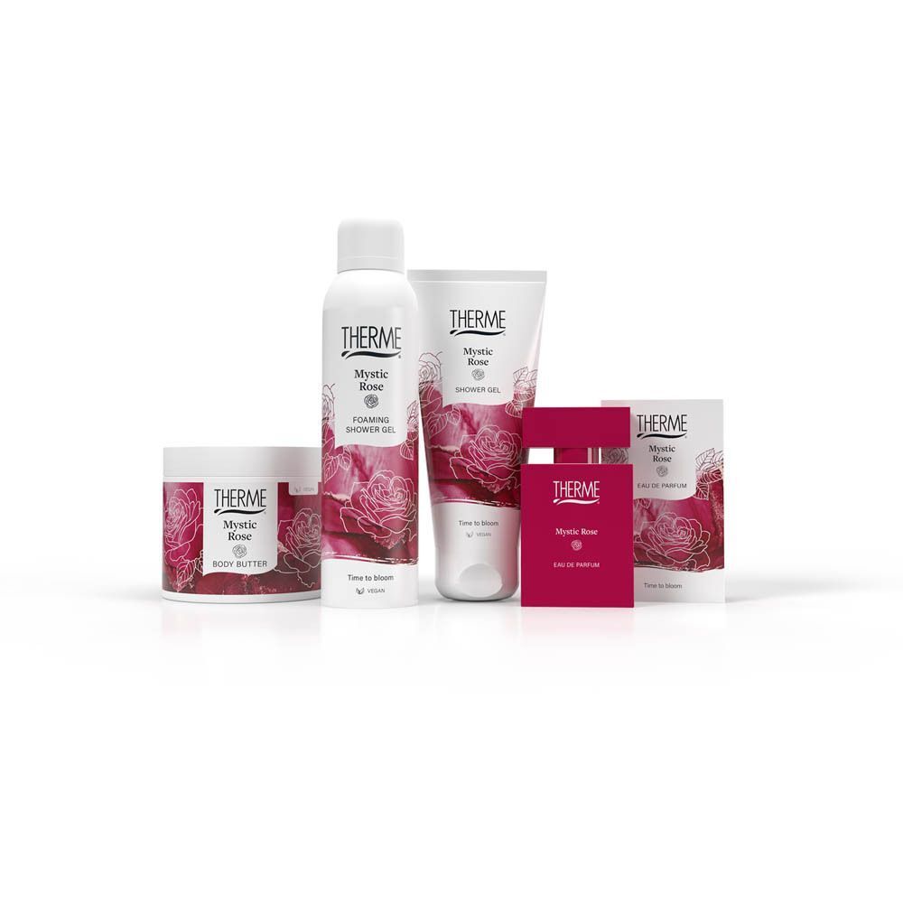 Beurre Corporel, gel douche, Eau de Parfum et boîte Therme Mystic Rose.