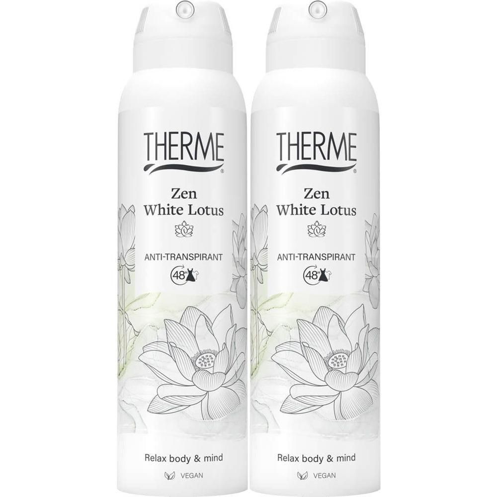 Deux sprays blancs "Therme Zen White Lotus Anti-Transpirant 48h" avec motif fleur de lotus.