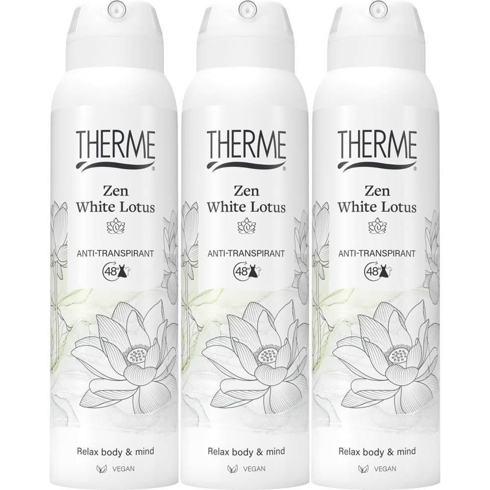 Drie witte spuitbussen Therme Zen White Lotus Anti-Transpirant 48h met lotusbloemillustraties.